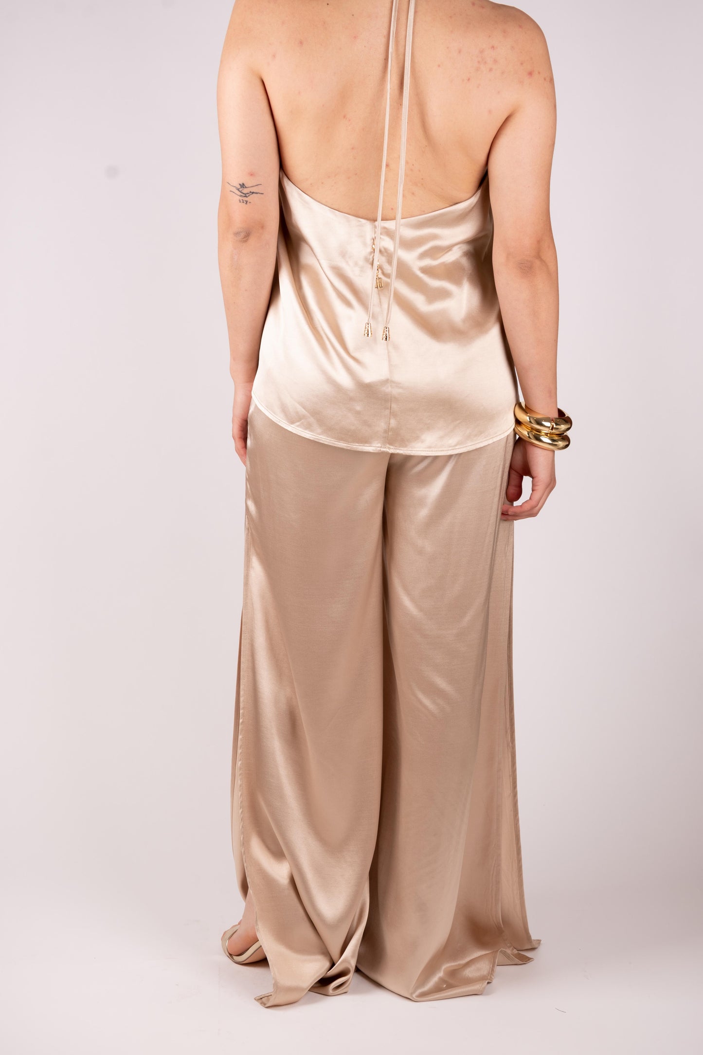 Fracomina Pantalone palazzo satin con spacco FQ25SV3007W51701 150 Fracomina Gold