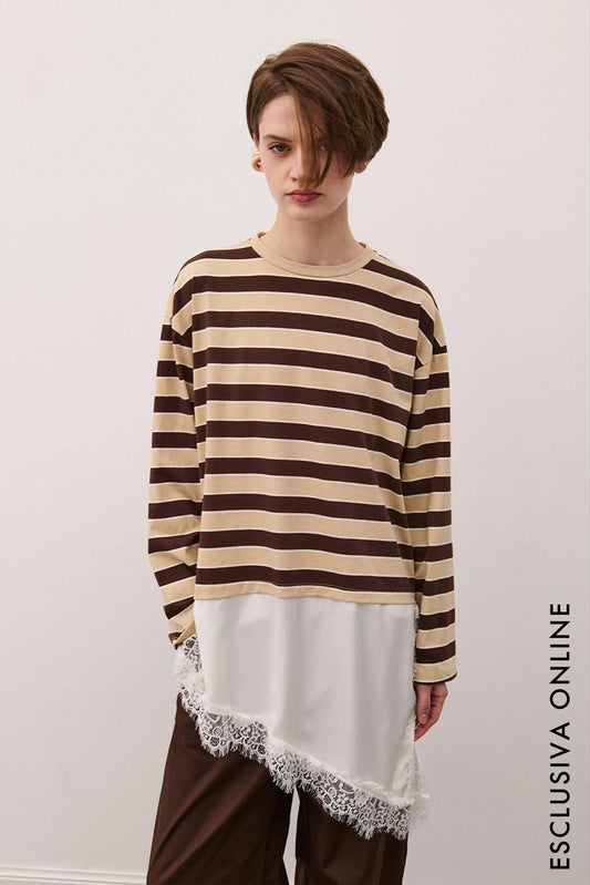 TWO WAY MAXI MAGLIA RIGATA ASIMMETRICA CON PIZZO WM26SZEM8475 01 TWO WAY 