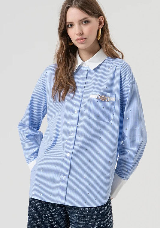 Fracomina Camicia over rigata con strass applicati FR25WT6011W520N8 283 Fracomina Preview 