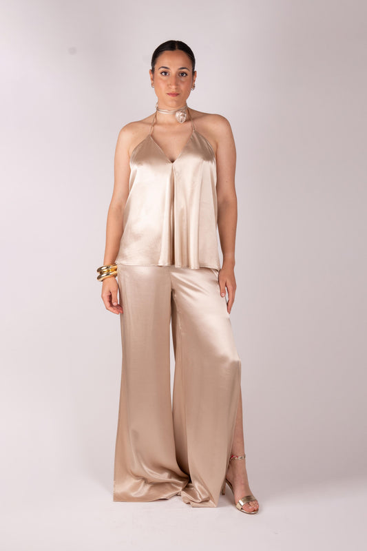 Fracomina Pantalone palazzo satin con spacco FQ25SV3007W51701 150 Fracomina Gold 