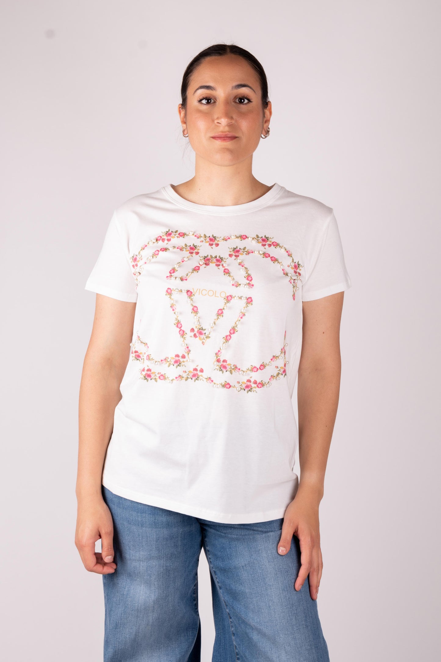 Vicolo T-Shirt Fiori e perline RD0999 02 Vicolo 