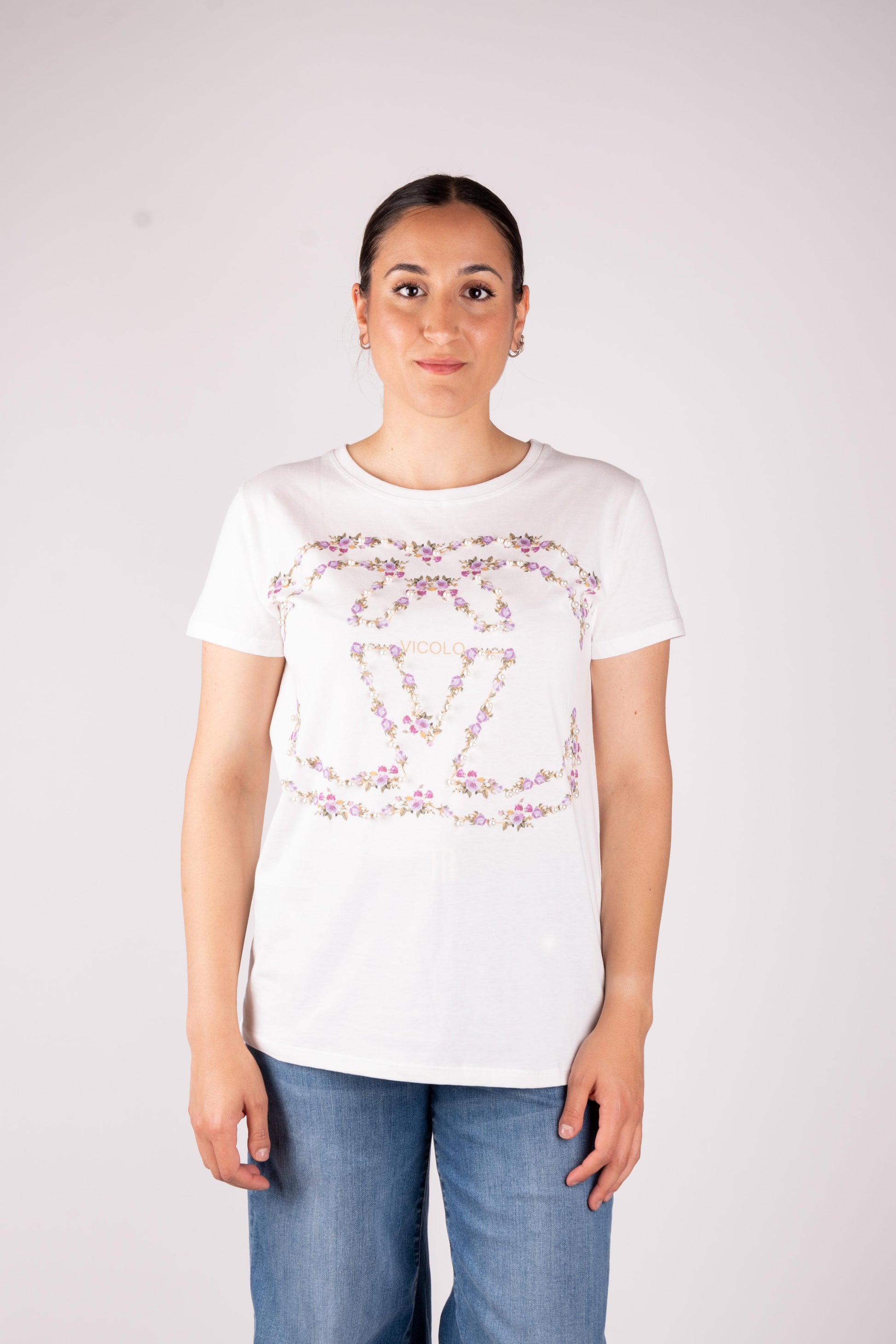Vicolo T-Shirt Fiori e perline RD0999 01 Vicolo 