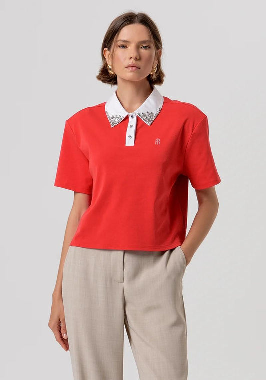 FRACOMINA POLO CROPPED CON APPLICAZIONE PIETRE SUL COLLETTO FR26ST3038J40801 M33 Fracomina Preview 